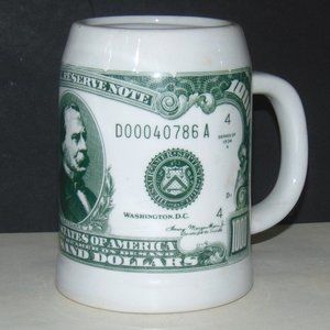 SOLD  $1000 Thousand Dollar Bill Green White Grover Cleveland Coffee Beer Mug